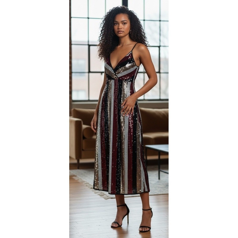 NWT AQUA Womens Sequin Striped V-Neck Dress Burgundy Multi MSRP 248 Size XS